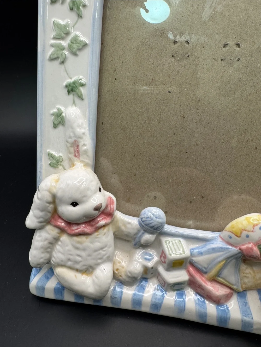 Vintage C.R. Gibson Nursery Ceramic 5x7 Picture Frame with Bunny, Bear - Pastel
